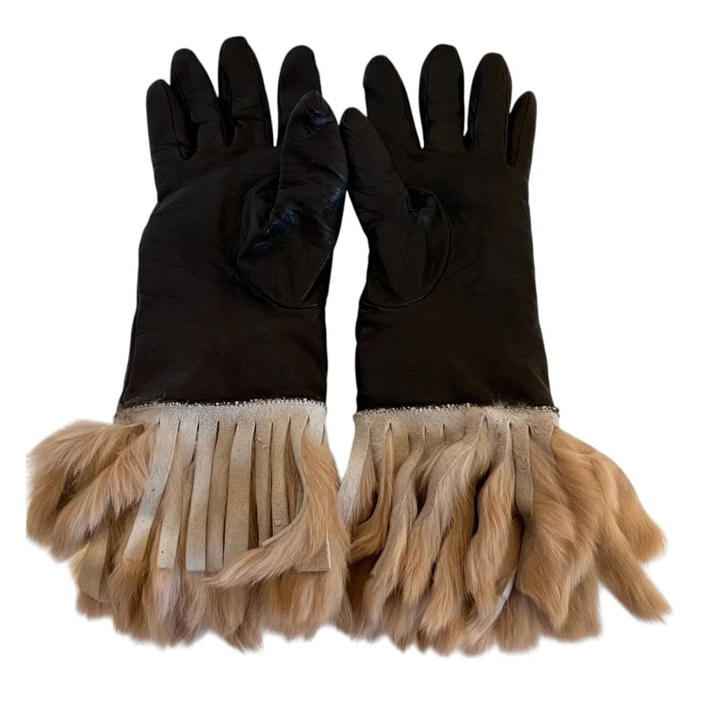 Portolano Brown Italian Leather Gloves Fur Cuff Cashmere Lined Women's Size 6.5
